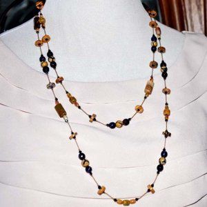 Handmade Handknotted Navy Blue & Tan Agate Double Strand Beaded Necklace 52 Inch